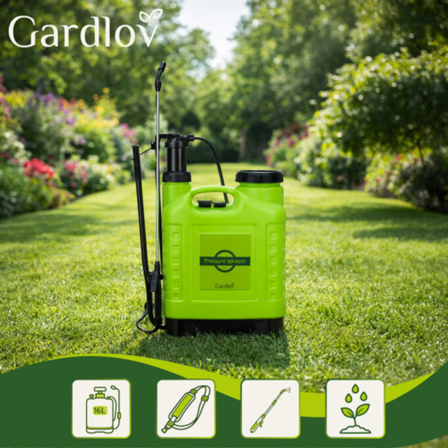 Gardlov rugdrukspuit 16L – handmatige tuinspuit met lange lans en slang