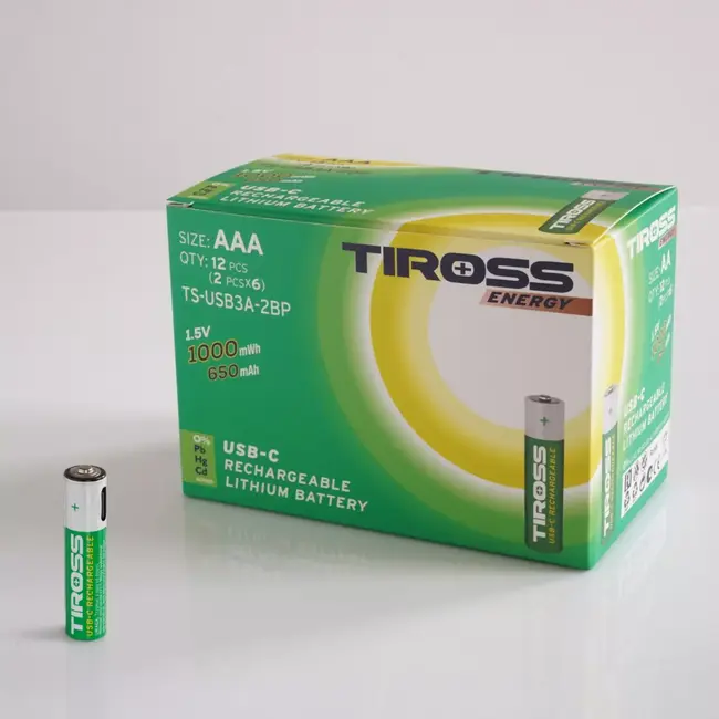 TIROSS Oplaadbare AAA Li-Ion batterijen 650 mAh met USB-C kabel snel laden set van 2