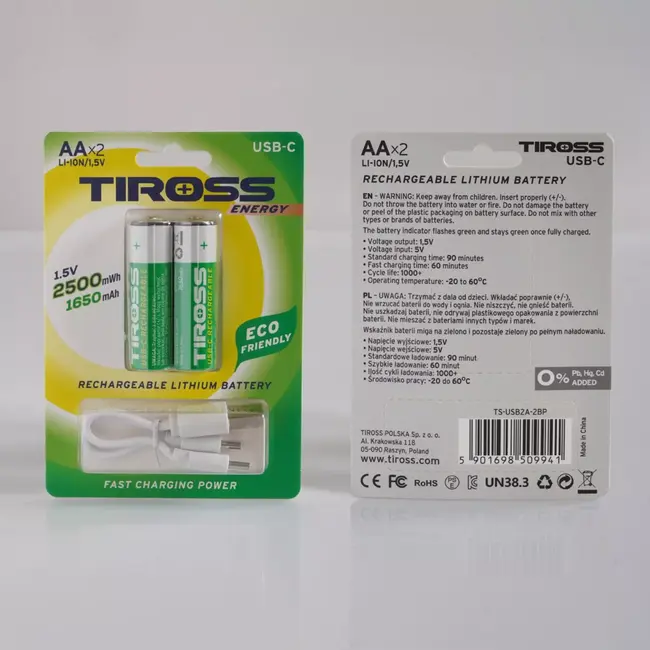 TIROSS Oplaadbare AA batterijen 1650 mAh met USB-C snelladen set van 2