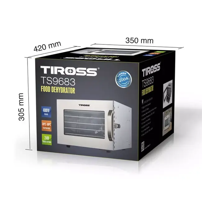 TIROSS RVS voedseldroger 400 W met LED display, timer tot 24 uur en instelbare temperatuur van 30 °C tot 90 °C