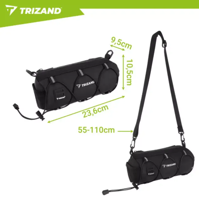 Trizand fietstas voor stuur 1,5 l in zwart met compacte vorm, ritssluiting, reflecterende details en schouderriem voor dagelijks gebruik