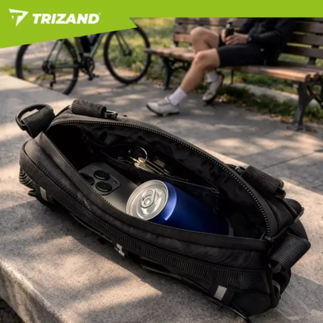 Trizand fietstas voor stuur 1,5 l in zwart met compacte vorm, ritssluiting, reflecterende details en schouderriem voor dagelijks gebruik