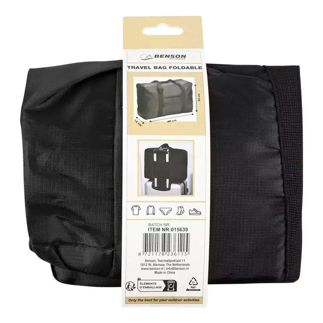 Benson Zwarte opvouwbare weekendtas met ritssluiting en band voor rolkoffer 48 x 34 x 13 cm