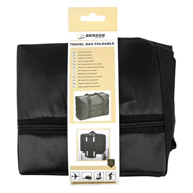 Benson Zwarte opvouwbare weekendtas met ritssluiting en band voor rolkoffer 48 x 34 x 13 cm