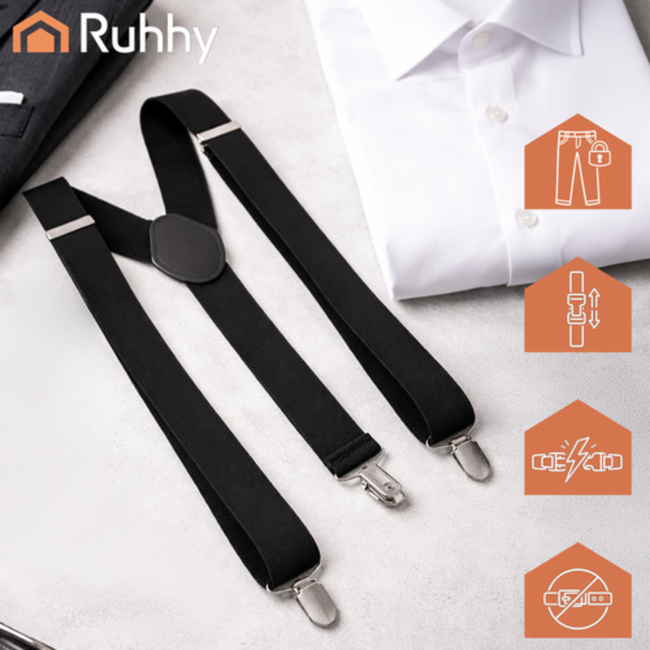 Ruhhy Zwarte herenbretels 3,5 cm breed met Y-vorm en metalen clips