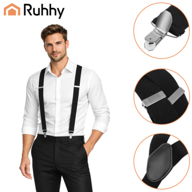 Ruhhy Zwarte herenbretels 3,5 cm breed met Y-vorm en metalen clips