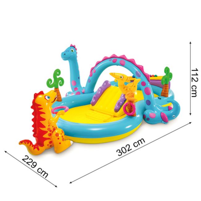 Intex Opblaasbaar Dinoland waterspeelcentrum 302 x 229 x 112 cm met glijbaan en sproeiboog