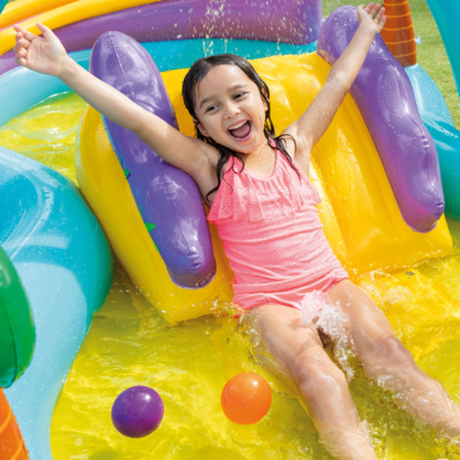 Intex Opblaasbaar Dinoland waterspeelcentrum 302 x 229 x 112 cm met glijbaan en sproeiboog