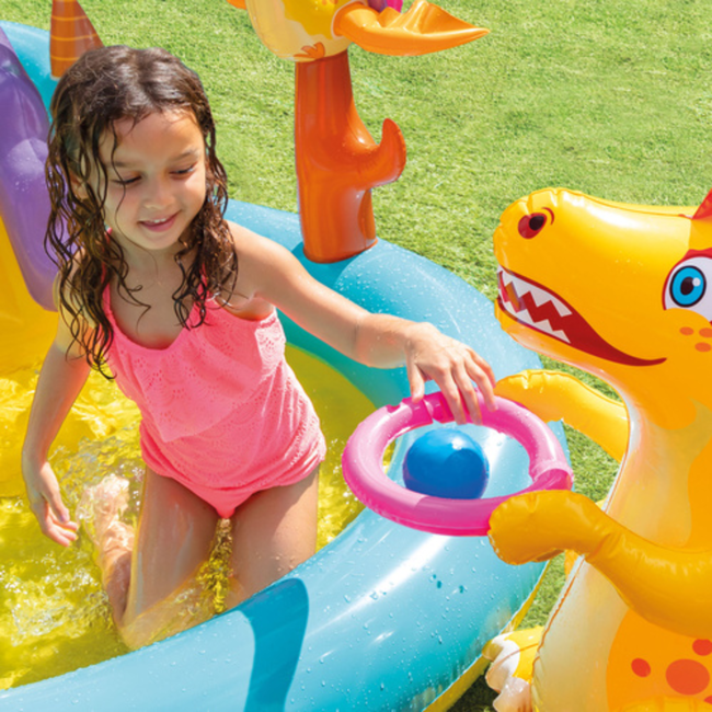 Intex Opblaasbaar Dinoland waterspeelcentrum 302 x 229 x 112 cm met glijbaan en sproeiboog