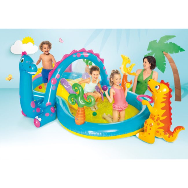 Intex Opblaasbaar Dinoland waterspeelcentrum 302 x 229 x 112 cm met glijbaan en sproeiboog