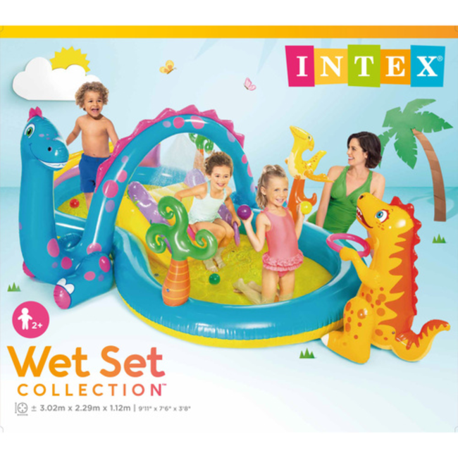 Intex Opblaasbaar Dinoland waterspeelcentrum 302 x 229 x 112 cm met glijbaan en sproeiboog