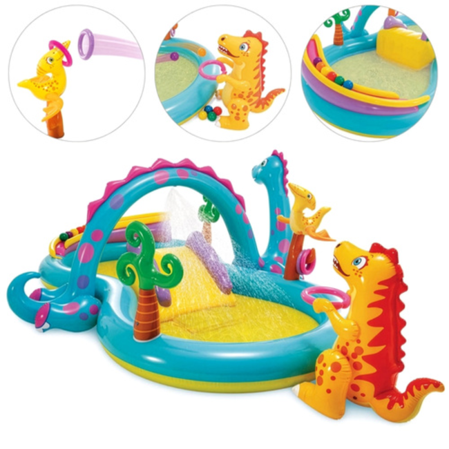Intex Opblaasbaar Dinoland waterspeelcentrum 302 x 229 x 112 cm met glijbaan en sproeiboog
