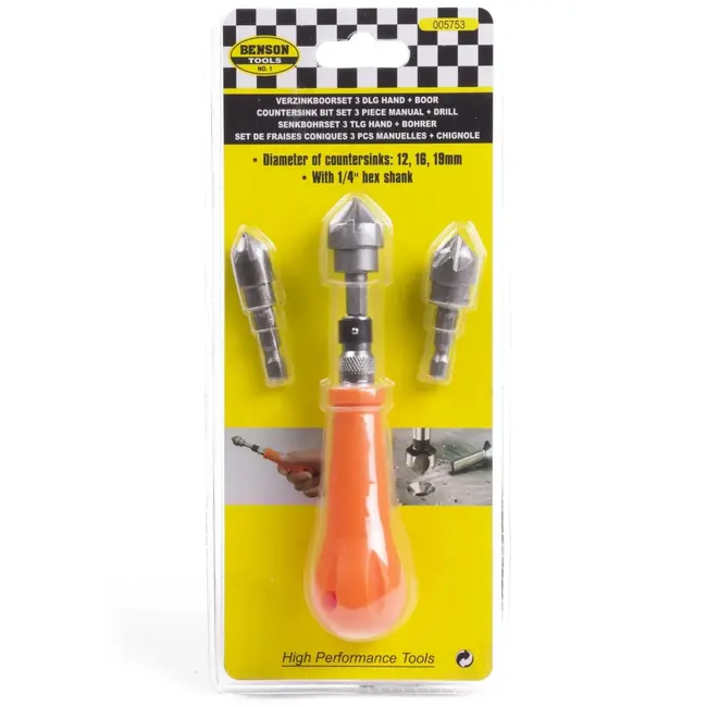 Benson 4-delige verzinkboor set - ergonomisch handvat - maten 12 mm, 16 mm, 19 mm
