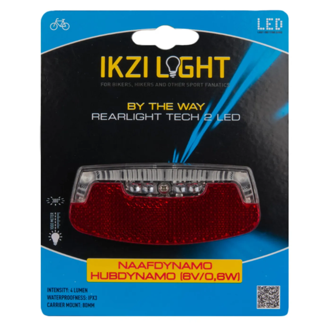 IkziLight Fiets achterlicht rood 2 LED met standlicht en reflector voor naafdynamo montage 80 mm