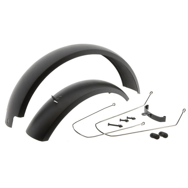Falkx Spatbordenset 20 inch voor fatbike zwart met voor- en achterspatbord, stangen, 110 mm breedte en montageonderdelen