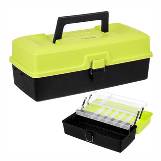 Trizand hengelsportkoffer met 2 uitklapbare laden en 11 vakken – 33 × 16 × 13 cm – groen en zwart – visgerei organizer