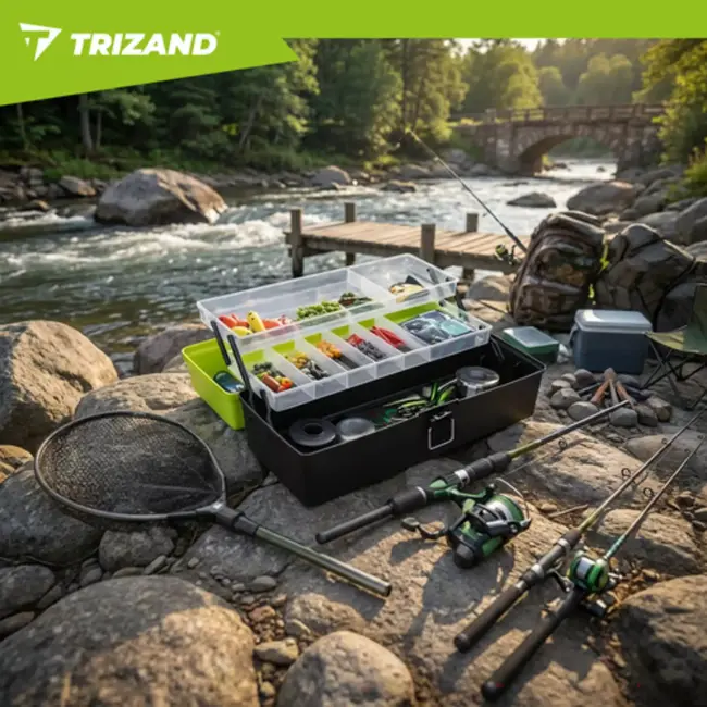 Trizand hengelsportkoffer met 2 uitklapbare laden en 11 vakken – 33 × 16 × 13 cm – groen en zwart – visgerei organizer