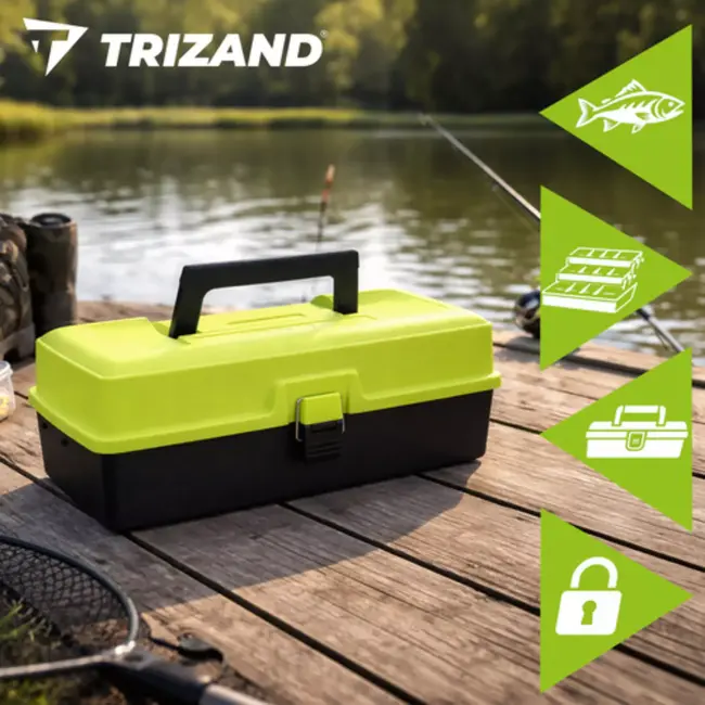 Trizand hengelsportkoffer met 2 uitklapbare laden en 11 vakken – 33 × 16 × 13 cm – groen en zwart – visgerei organizer