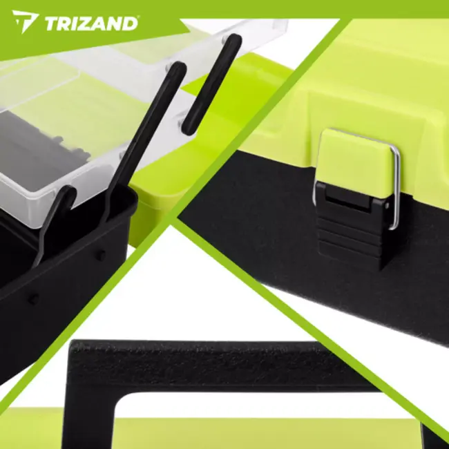 Trizand hengelsportkoffer met 2 uitklapbare laden en 11 vakken – 33 × 16 × 13 cm – groen en zwart – visgerei organizer