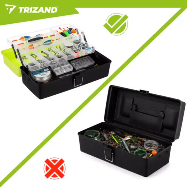 Trizand hengelsportkoffer met 2 uitklapbare laden en 11 vakken – 33 × 16 × 13 cm – groen en zwart – visgerei organizer
