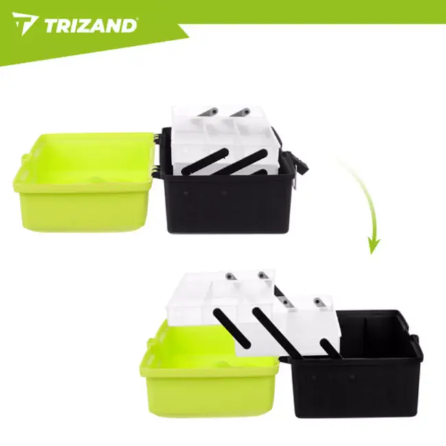 Trizand hengelsportkoffer met 2 uitklapbare laden en 11 vakken – 33 × 16 × 13 cm – groen en zwart – visgerei organizer