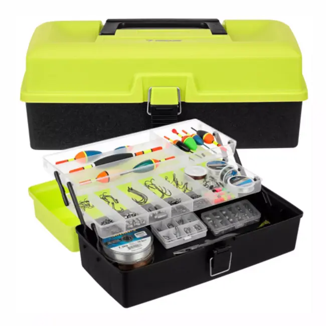 Trizand hengelsportkoffer met 2 uitklapbare laden en 11 vakken – 33 × 16 × 13 cm – groen en zwart – visgerei organizer