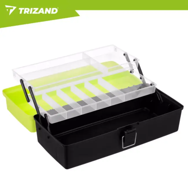 Trizand hengelsportkoffer met 2 uitklapbare laden en 11 vakken – 33 × 16 × 13 cm – groen en zwart – visgerei organizer