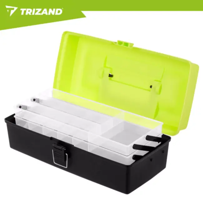 Trizand hengelsportkoffer met 2 uitklapbare laden en 11 vakken – 33 × 16 × 13 cm – groen en zwart – visgerei organizer