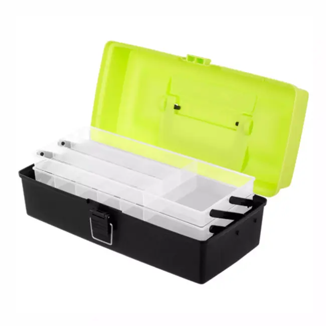 Trizand hengelsportkoffer met 2 uitklapbare laden en 11 vakken – 33 × 16 × 13 cm – groen en zwart – visgerei organizer