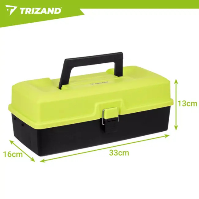Trizand hengelsportkoffer met 2 uitklapbare laden en 11 vakken – 33 × 16 × 13 cm – groen en zwart – visgerei organizer