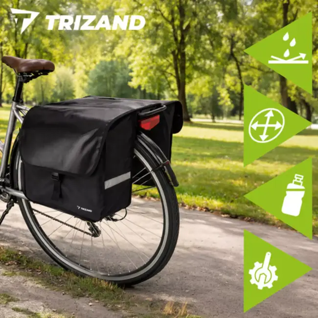 Trizand dubbele fietstas voor bagagedrager – 28 liter – 600D polyester – waterbestendig – reflectoren – zwart