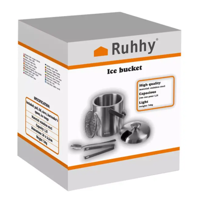 Ruhhy Dubbelwandige RVS ijsbucket 1,3 l met tang, lepel, deksel en zeef voor ijsblokjes en flessen koelen