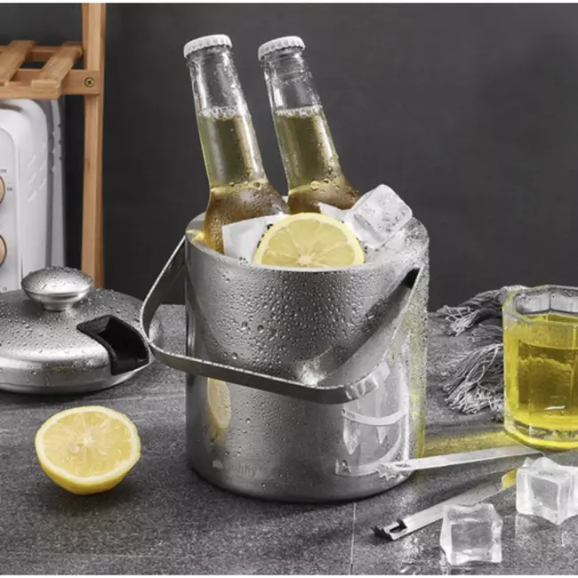Ruhhy Dubbelwandige RVS ijsbucket 1,3 l met tang, lepel, deksel en zeef voor ijsblokjes en flessen koelen