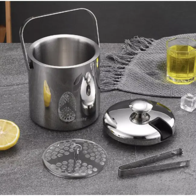 Ruhhy Dubbelwandige RVS ijsbucket 1,3 l met tang, lepel, deksel en zeef voor ijsblokjes en flessen koelen