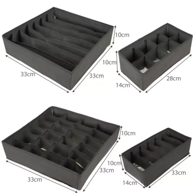 Ruhhy Lade organizers set 4 stuks grijs met vakken voor sokken ondergoed en accessoires