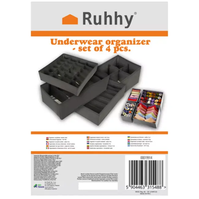 Ruhhy Lade organizers set 4 stuks grijs met vakken voor sokken ondergoed en accessoires