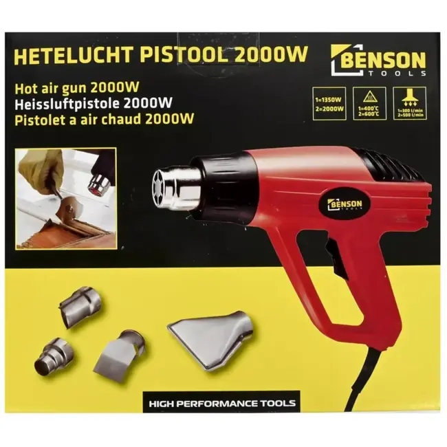 Benson Heteluchtpistool 2000 watt Rood/Zwart met 1,8 meter snoer en vier accessoires