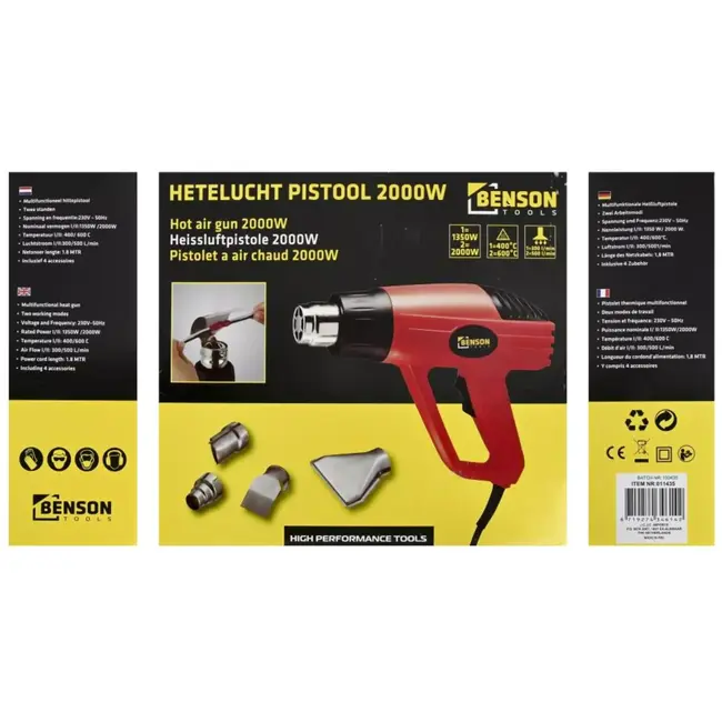 Benson Heteluchtpistool 2000 watt Rood/Zwart met 1,8 meter snoer en vier accessoires