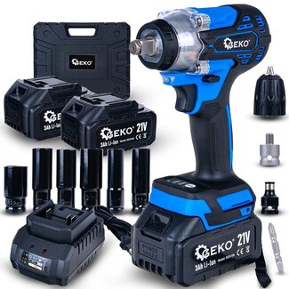 GEKO Accu slagmoersleutel 21 V 350 Nm set met 2 x 3,0 Ah accu’s, doppen en lader in koffer