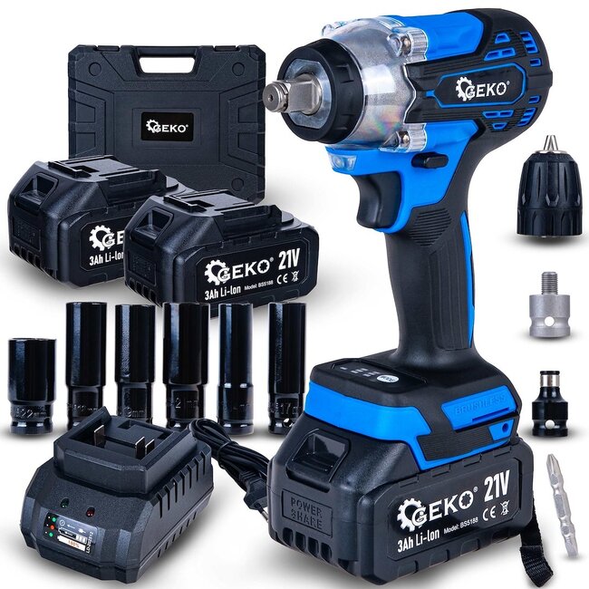 GEKO Accu slagmoersleutel 21 V 350 Nm set met 2 x 3,0 Ah accu’s, doppen en lader in koffer