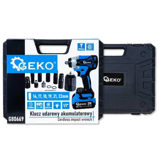 GEKO Accu slagmoersleutel 21 V 350 Nm set met 2 x 3,0 Ah accu’s, doppen en lader in koffer