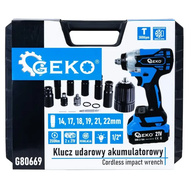 GEKO Accu slagmoersleutel 21 V 350 Nm set met 2 x 3,0 Ah accu’s, doppen en lader in koffer