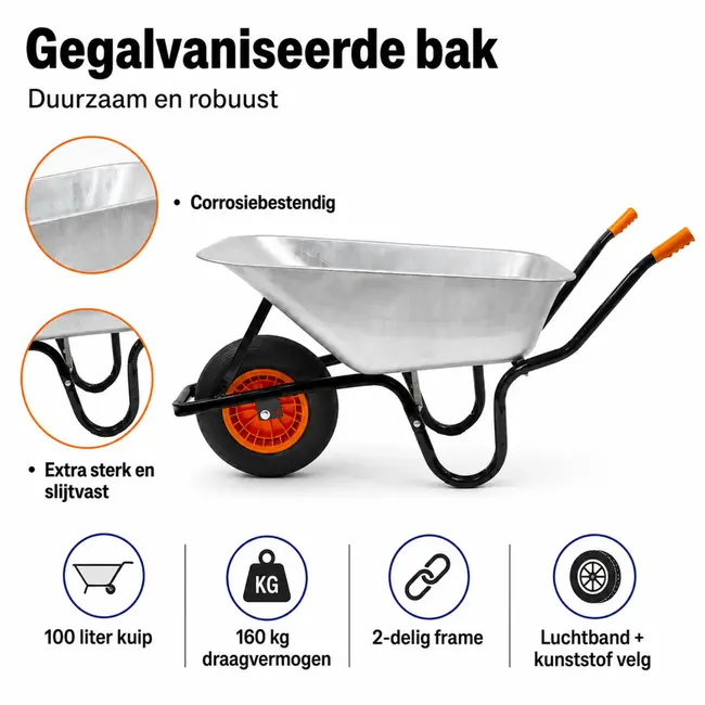 Gartex Kruiwagen 100 liter gegalvaniseerd met luchtband, stevige grip en 160 kg draagvermogen