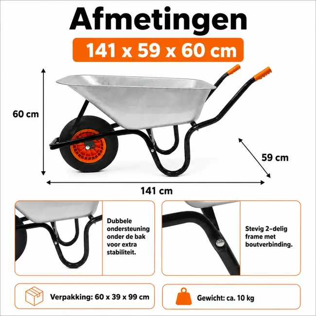 Gartex Kruiwagen 100 liter gegalvaniseerd met luchtband, stevige grip en 160 kg draagvermogen