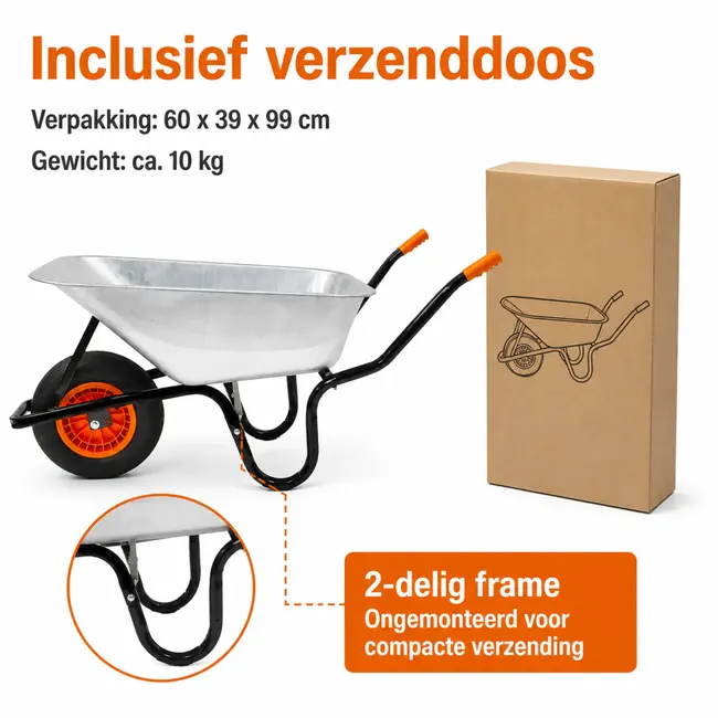 Gartex Kruiwagen 100 liter gegalvaniseerd met luchtband, stevige grip en 160 kg draagvermogen