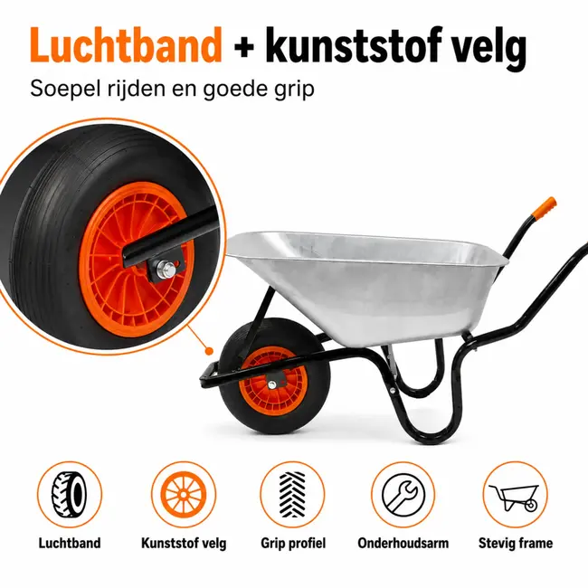 Gartex Kruiwagen 100 liter gegalvaniseerd met luchtband, stevige grip en 160 kg draagvermogen