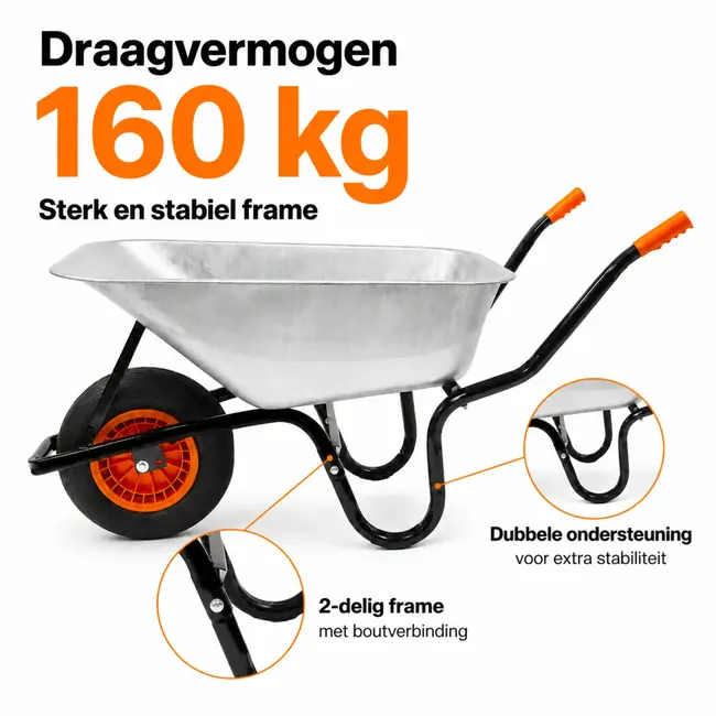 Gartex Kruiwagen 100 liter gegalvaniseerd met luchtband, stevige grip en 160 kg draagvermogen