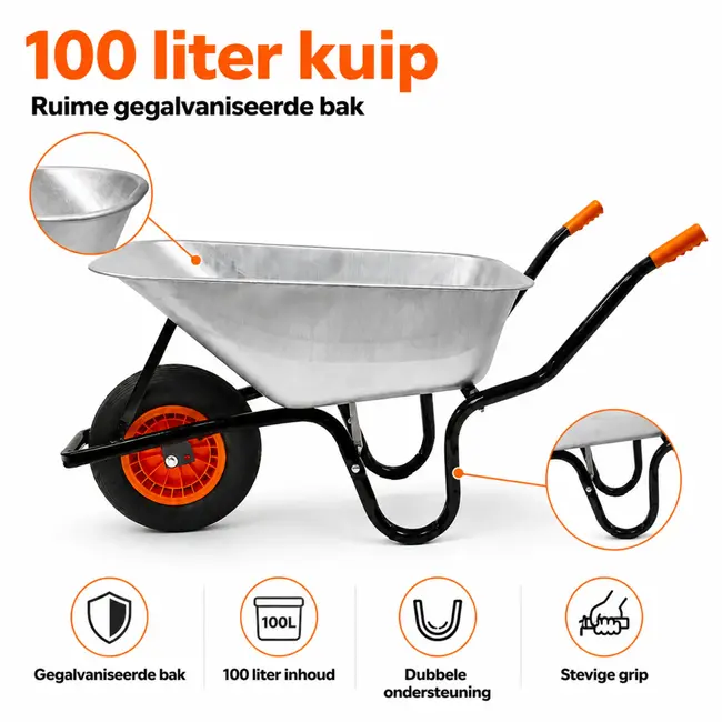 Gartex Kruiwagen 100 liter gegalvaniseerd met luchtband, stevige grip en 160 kg draagvermogen