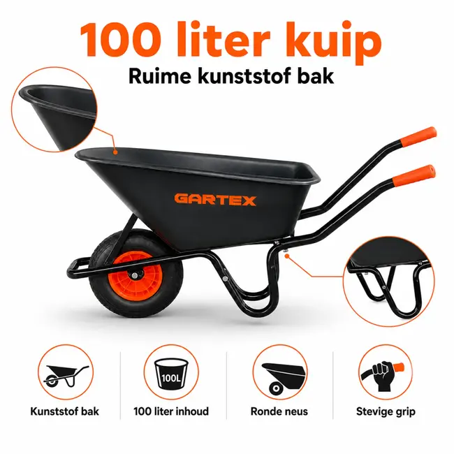 Gartex Kruiwagen 100 liter met zwarte kunststof bak, luchtband en 160 kg draagvermogen