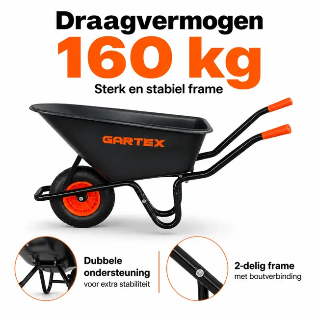 Gartex Kruiwagen 100 liter met zwarte kunststof bak, luchtband en 160 kg draagvermogen